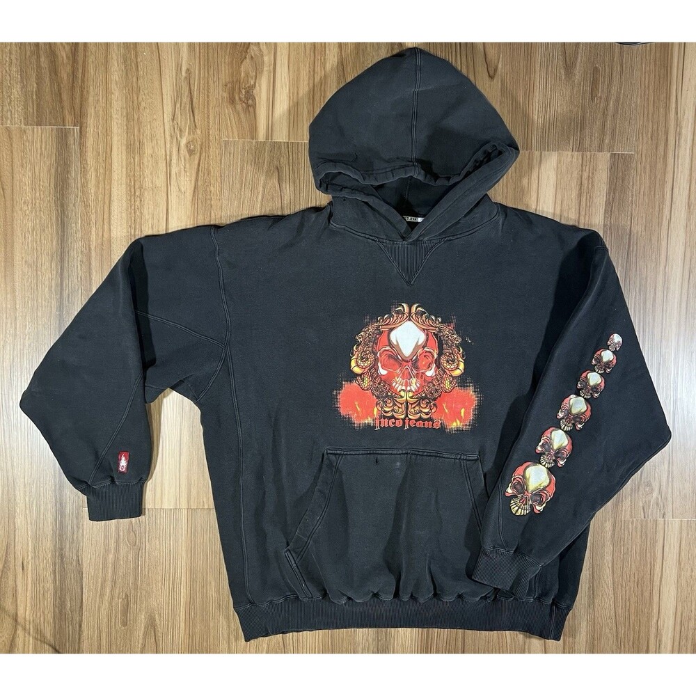 VTG Y2K JNCO Jeans Skull Flame Crown Logo Black Hoodie Distressed Faded Grunge L
